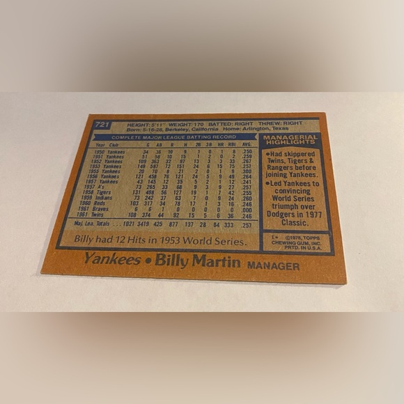 Billy Martin 1978 Topps Baseball Card # 721 As Manager Vintage Collectible - Picture 3 of 3